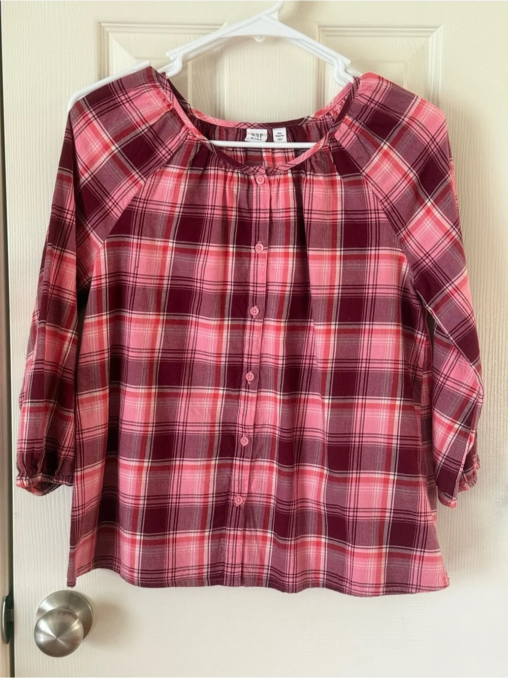 GAP Kids Pink and Burgundy Plaid Button-Up Top